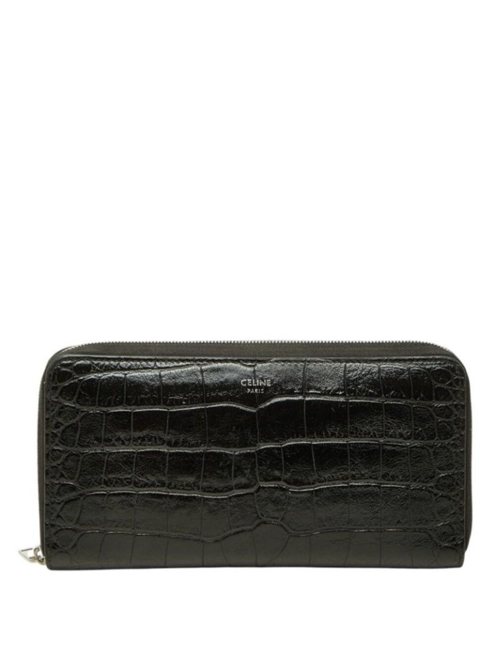 Celine Croco Embossed Zip Around Wallet Black Leather